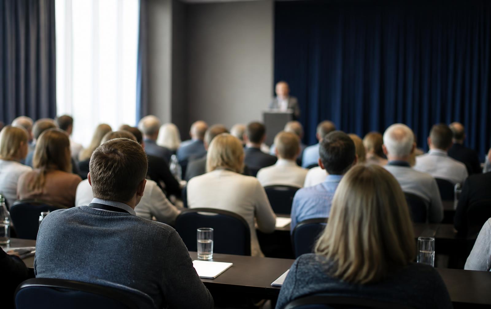 Attendees seated in a seminar hall listening to a speaker at a lectern