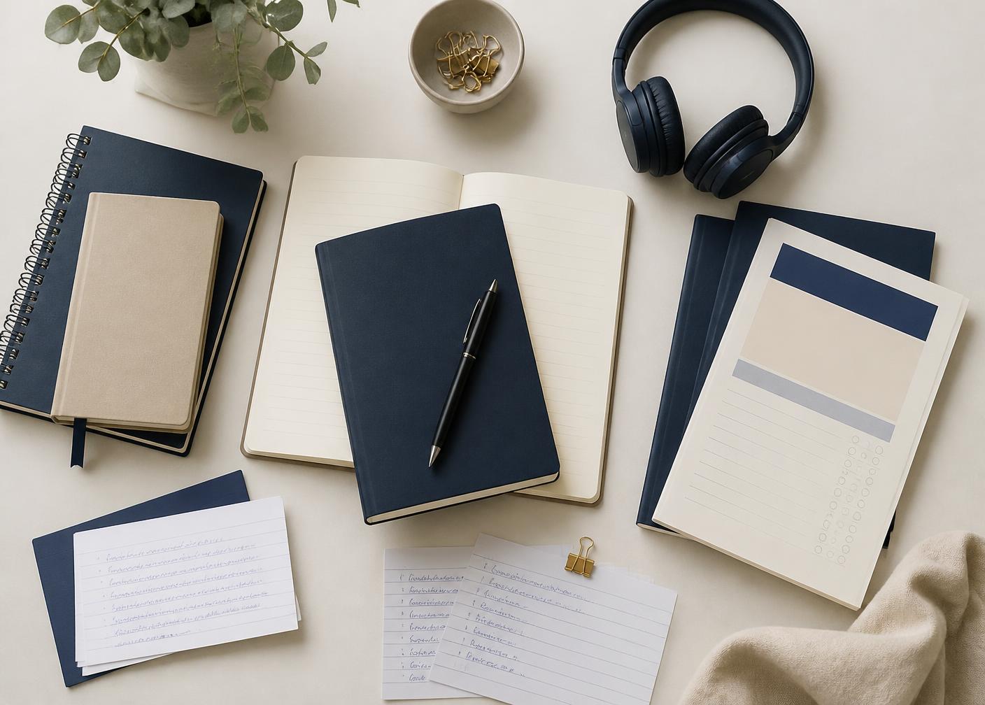 Notebooks, practice booklets and headphones laid out for English study